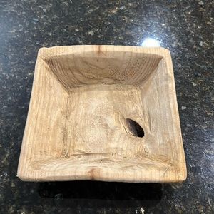 Small square wood bowl. Does have a hole through the bottom.